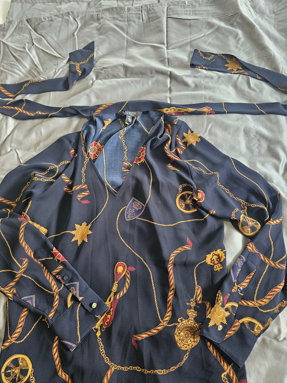 Lauren Ralph Lauren Navy Chain-Print Women's Shirt Size L - Picture 4 of 8